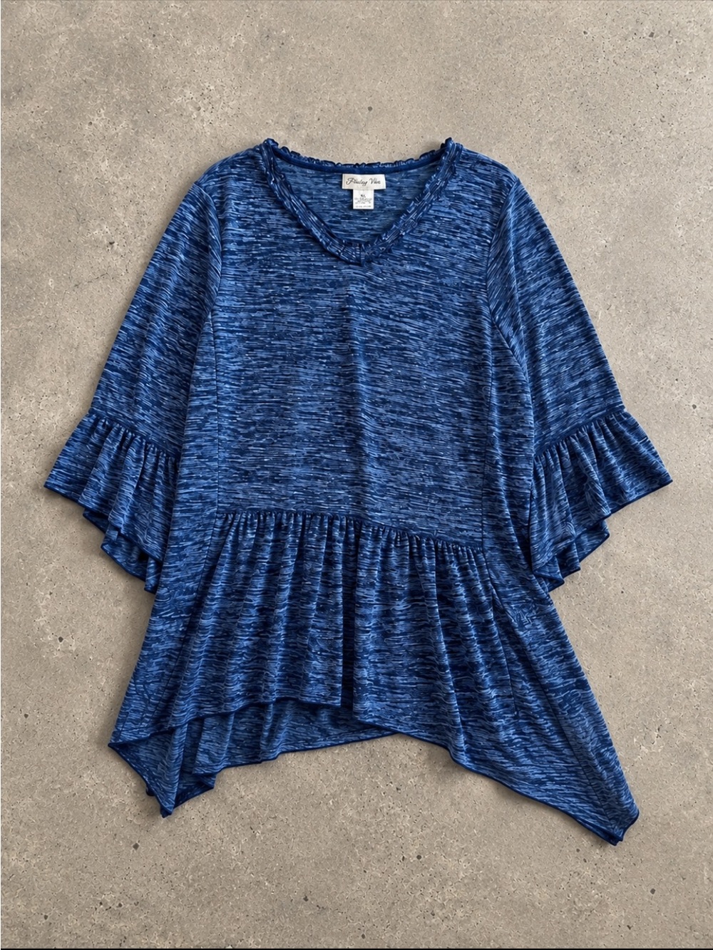 Paisley Vine Blue Marled Ruffle Bell Sleeve Peplum Tunic Top XL